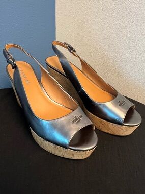 COACH Ferry Cork Wedge Metallic Gunmetal & Leather Peep Toe Slingback  Sz 8.5 B